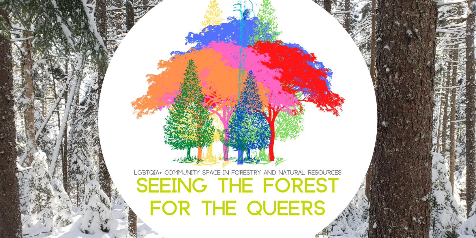 Seeing the Forest for the Queers logo on top of winter forest scene background